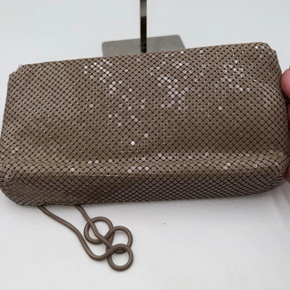 Pelle Italia Vintage Mesh Clutch Handbag Taupe Gold Chain Strap Evening Bag